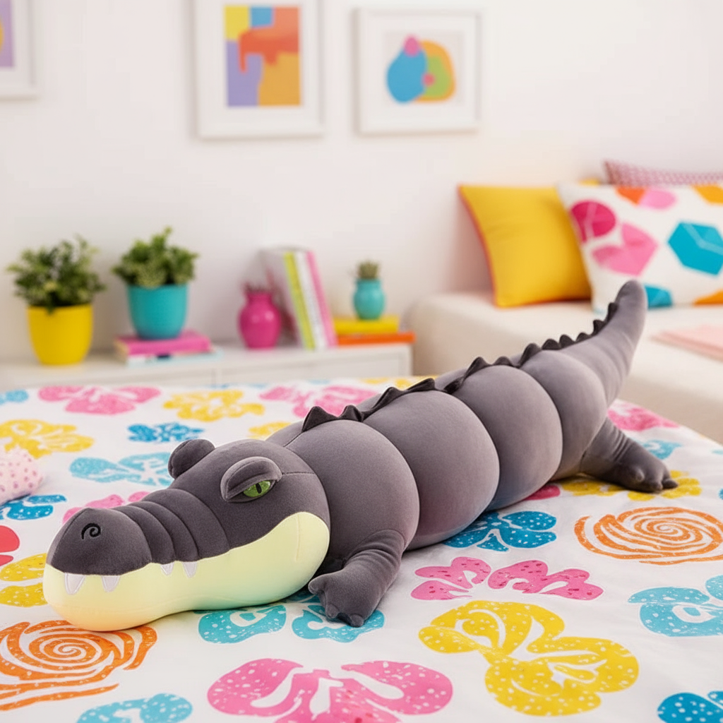 Plush toy alligator on a colorful bedspread with a room in the background