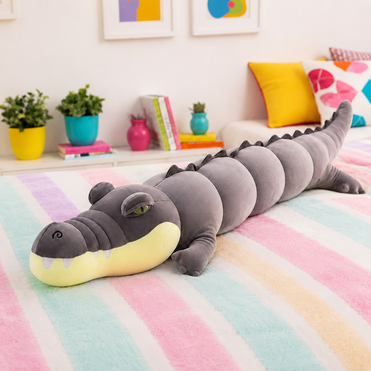 A plush alligator toy with a gray body, yellow underbelly, and green eyes, lying on a pastel striped blanket in a brightly lit bedroom.
