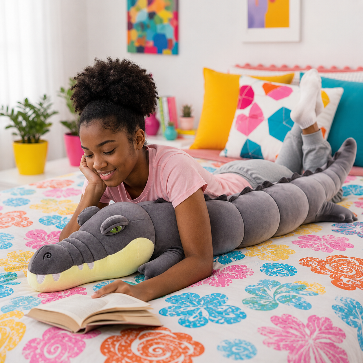 A young girl with curly hair lies on a colorful floral bed reading a book, holding a large gray and yellow alligator plush toy.