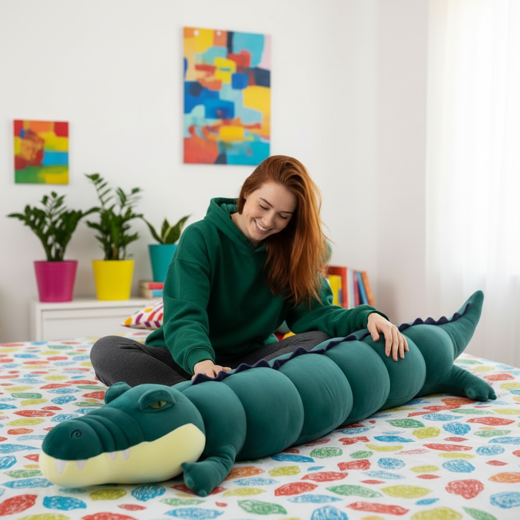 Woman playing with a large green crocodile plush body pillow on a colorful bedspread.