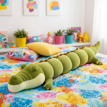 Long green crocodile plush toy on a colorful bedspread in a child's room