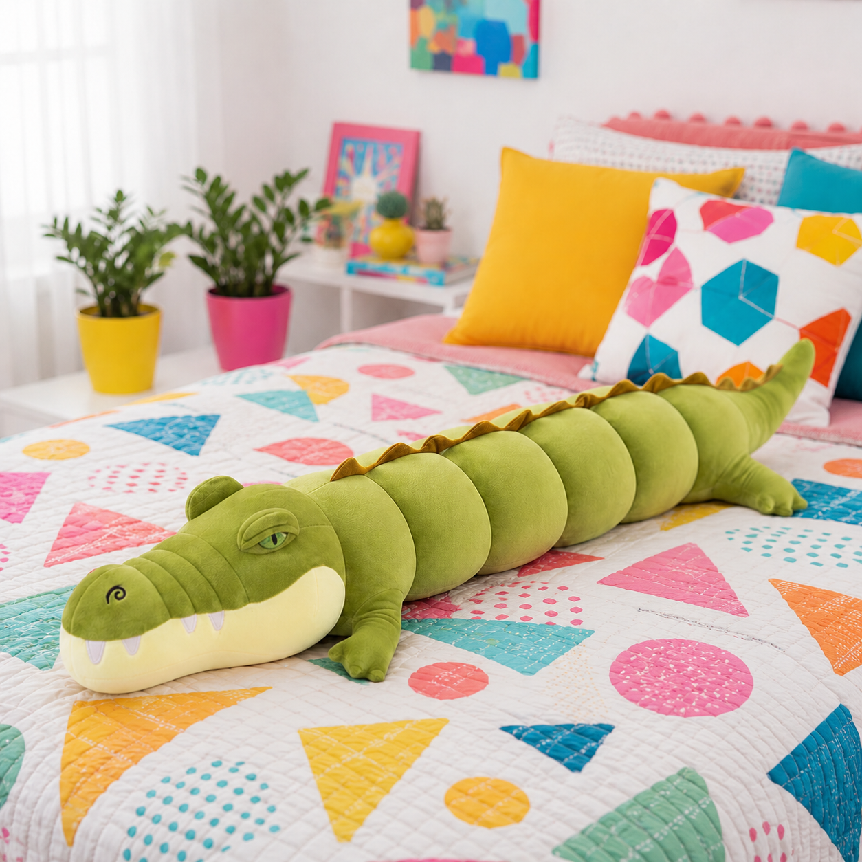 A green plush crocodile or alligator long pillow with a cream-colored underbelly, resting on a colorful geometric-patterned bedspread in a bright, modern bedroom.