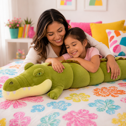 A woman and child laying on a colorful bed with colorful pillows holding a giant light green crocodile plushie body pillow and smiling.