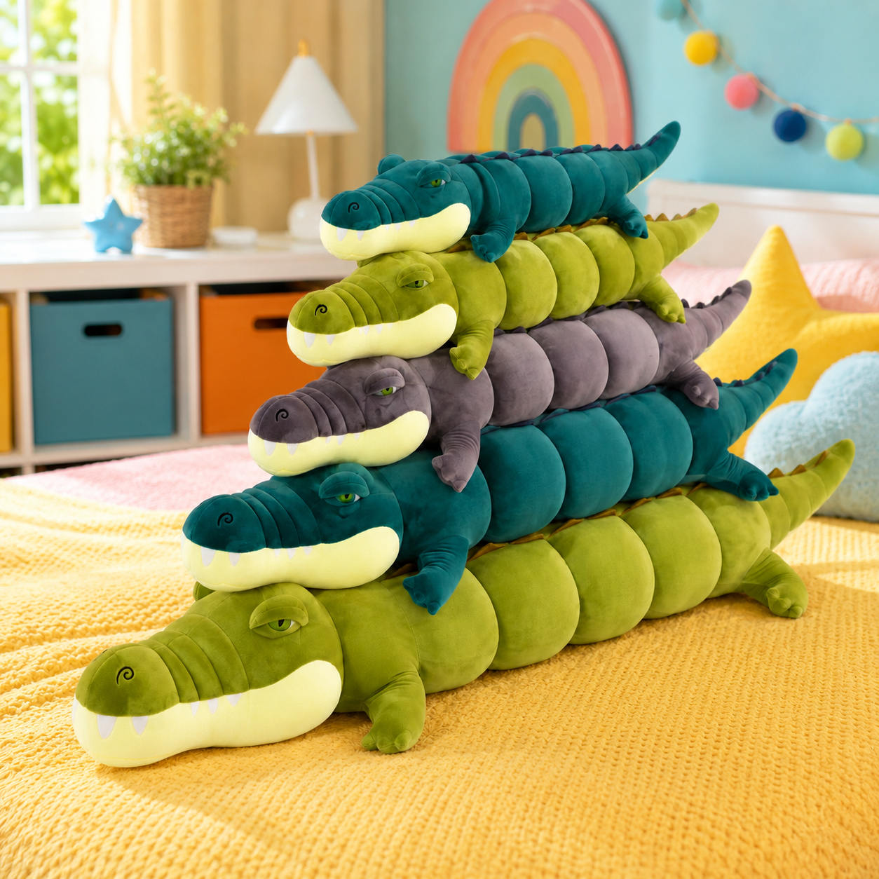 A stack of plush alligator-shaped body pillows in green, teal, gray, and dark teal, arranged on a yellow blanket in a brightly lit children's bedroom.