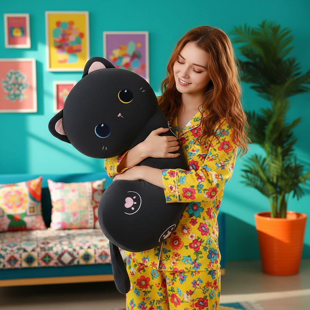 A woman in yellow floral pajamas hugs a large black plush cat pillow in a brightly decorated room with a teal wall, colorful framed art, a patterned sofa, and a potted plant.