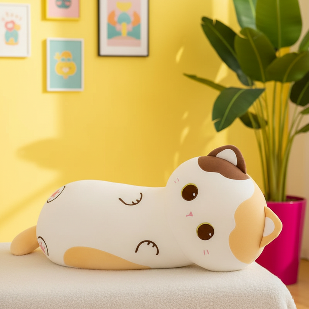 A cute, stylized cat-shaped plush body pillow with a sleeping expression, resting on a white surface in a brightly lit room with a yellow wall, framed art, and a potted plant.