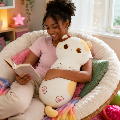 A woman sits in a round fluffy chair reading a book while hugging a large plush cat toy with a white, yellow, and orange color scheme in a cozy room.