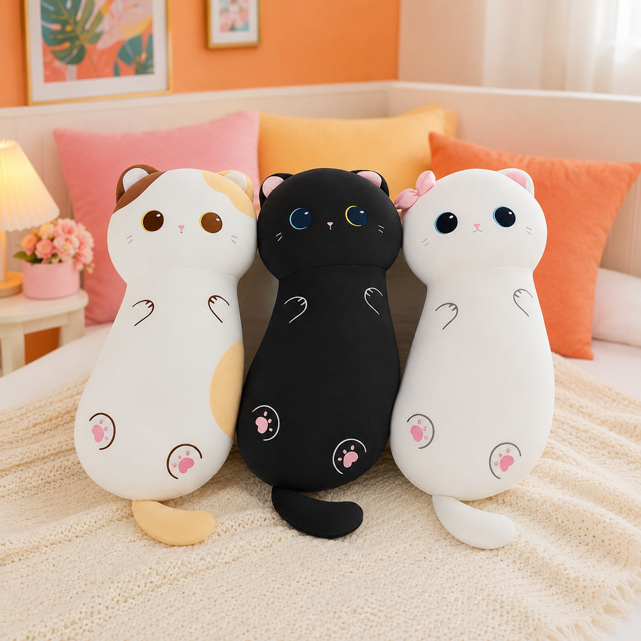 Three cute cat-shaped plush pillows in white, black, and calico are arranged together on a cozy cream-colored bed with pink and orange pillows in the background.