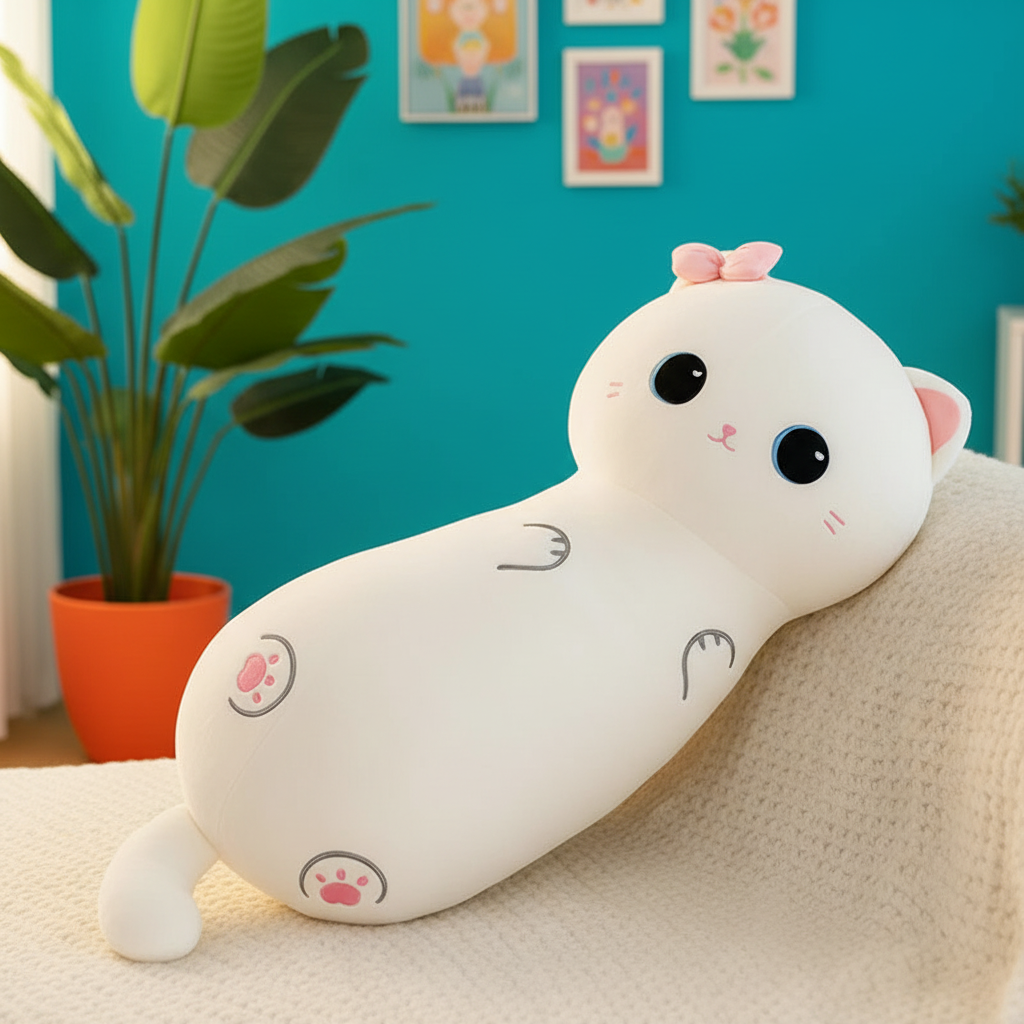 A white cat-shaped plush body pillow with pink accents and cute facial features, resting on a textured cream sofa in a brightly lit room with a teal wall and potted plant in the background.