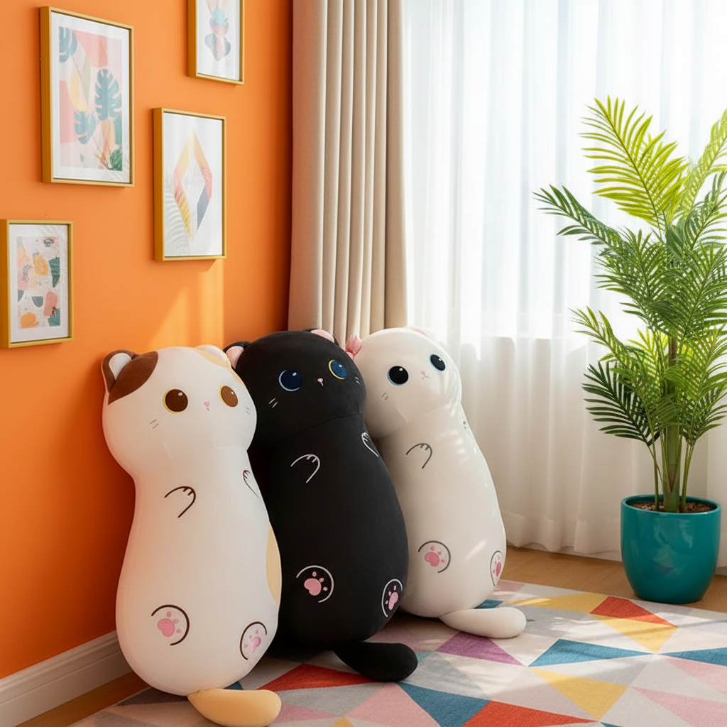 Three large cat-shaped plush toys in white, black, and cream are arranged against an orange wall in a brightly lit room with framed art, curtains, a plant, and a colorful rug.