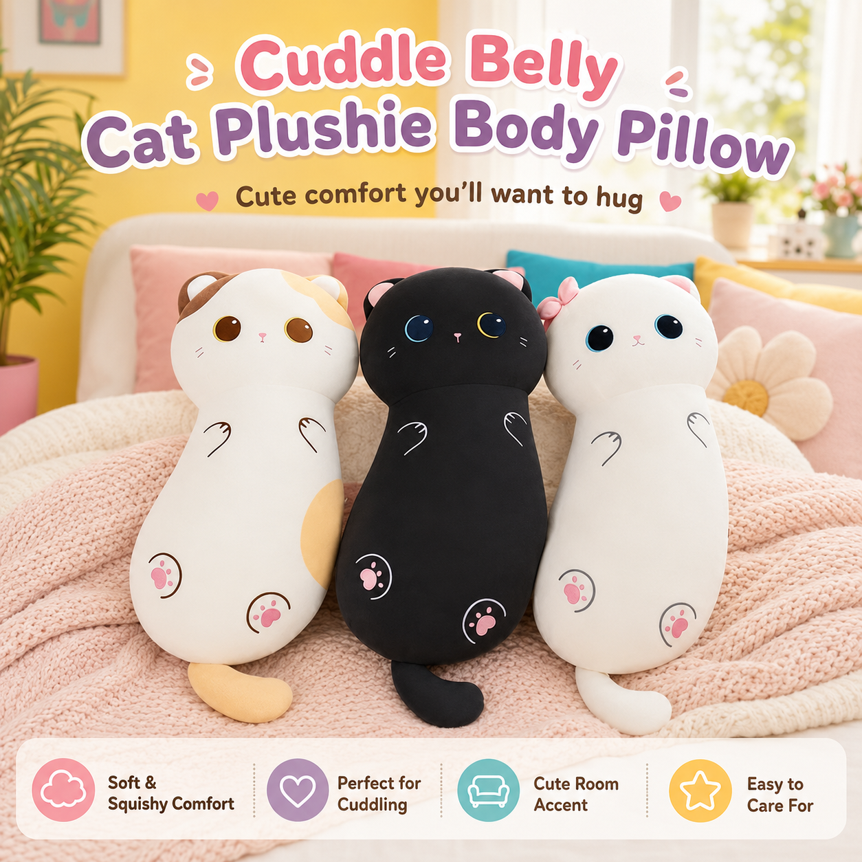 Three plush cat body pillows in white, black, and calico are arranged on a pink blanket in a cozy bedroom setting. The image includes promotional text at the top and a feature summary banner at the bottom.