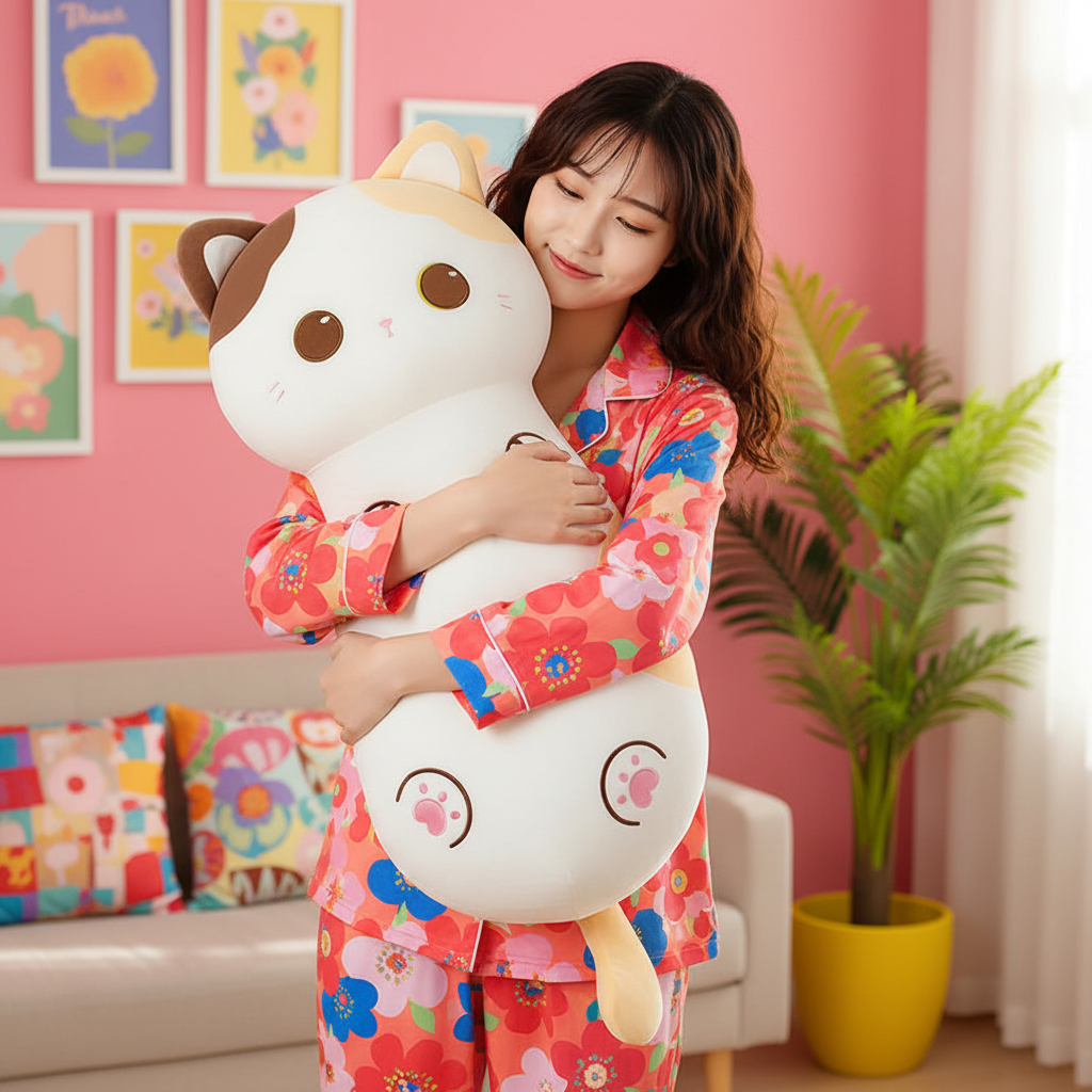 A woman in a pink floral pajama set holds a large white plush cat toy with brown ears and eyes in a brightly lit room with a pink wall, framed art, a sofa, and a potted plant.