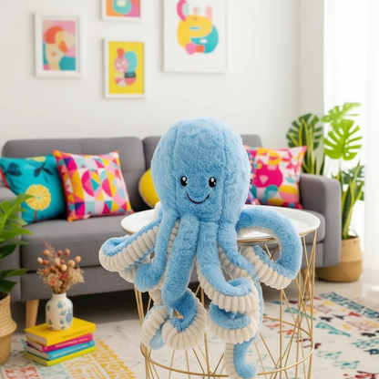 Blue plush octopus toy on a small table in a living room with colorful decor.