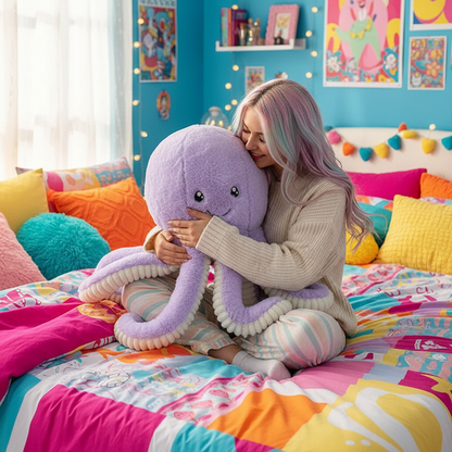 Person hugging a large purple plush octopus in a colorful bedroom.