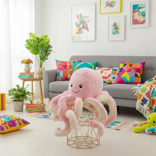 Pink plush octopus toy on a stand in a colorful living room.