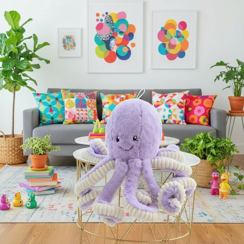 Purple plush octopus toy on a small round table in a colorful living room.