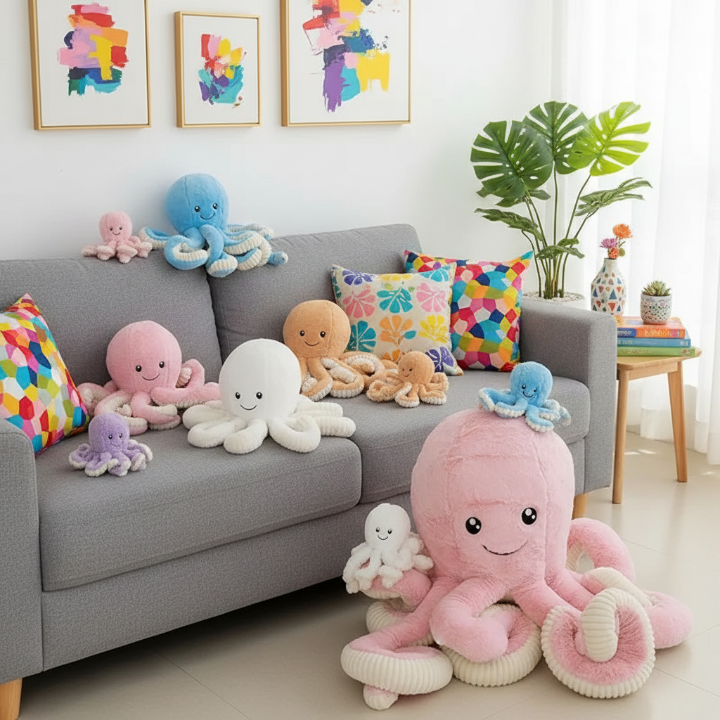 Colorful plush octopus toys on a gray sofa in a bright living room.
