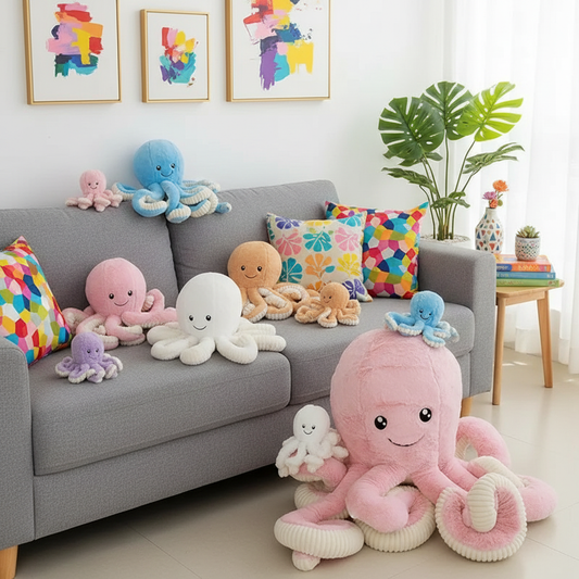 Colorful plush octopus toys on a gray sofa in a bright living room.
