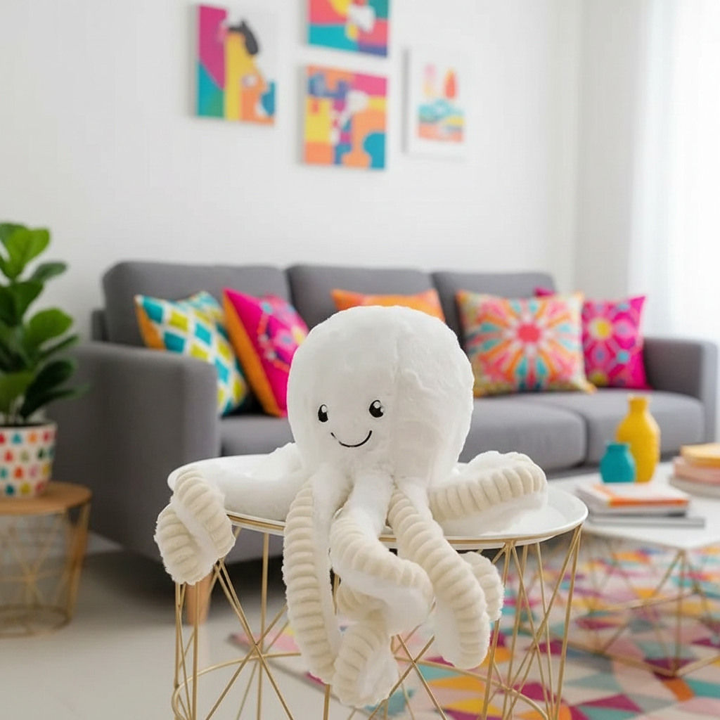 Plush octopus toy on a small table in a living room with colorful decor