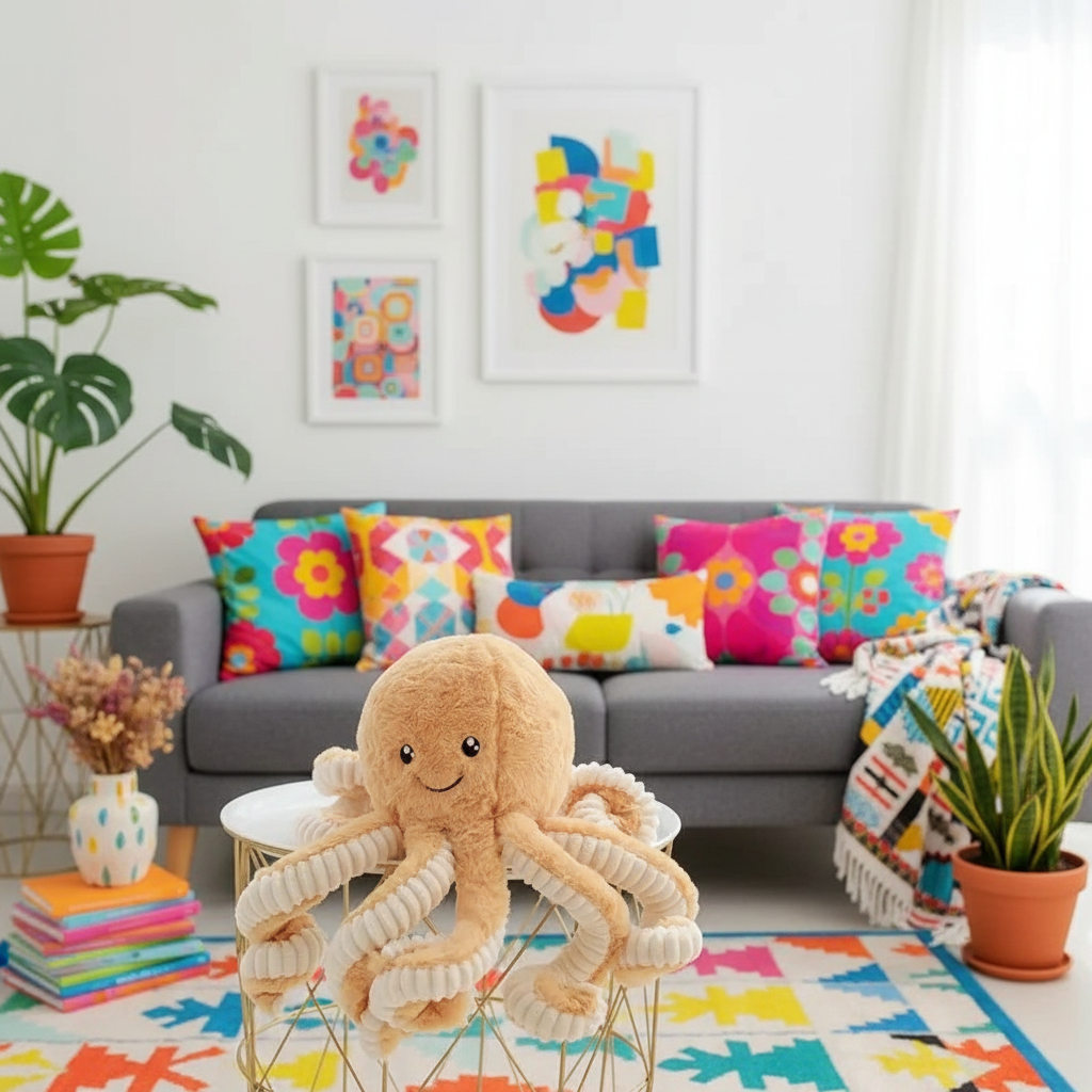 Colorful living room with a plush octopus toy on a glass table.