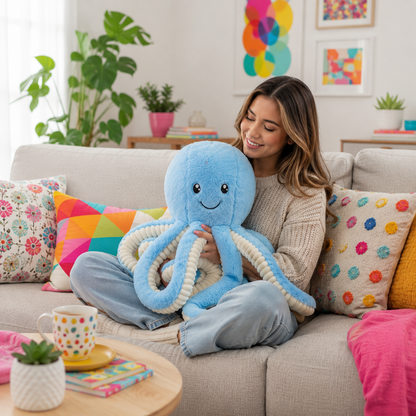 Woman sitting on a couch with colorful pillows holding a large blue octopus plushie.