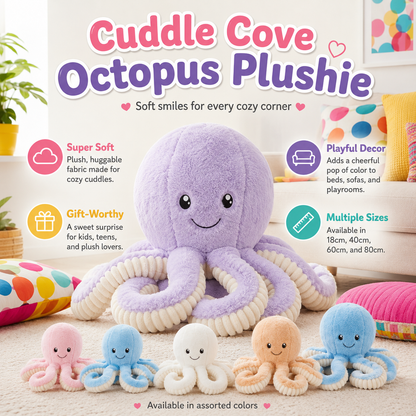 Photo promoting the Cuddle Cove Octopus Plushie showing benefits and call-outs.