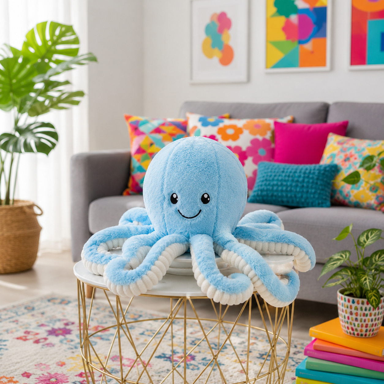 A plush octopus toy with a light blue body and white tentacles sits on a round gold wire table in a brightly lit living room. The background shows a gray sofa with colorful pillows, framed abstract art, and potted plants.