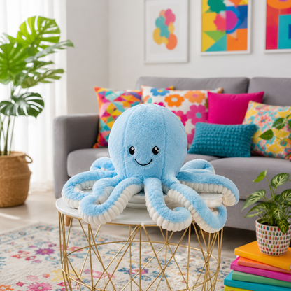 A plush octopus toy with a light blue body and white tentacles sits on a round gold wire table in a brightly lit living room. The background shows a gray sofa with colorful pillows, framed abstract art, and potted plants.