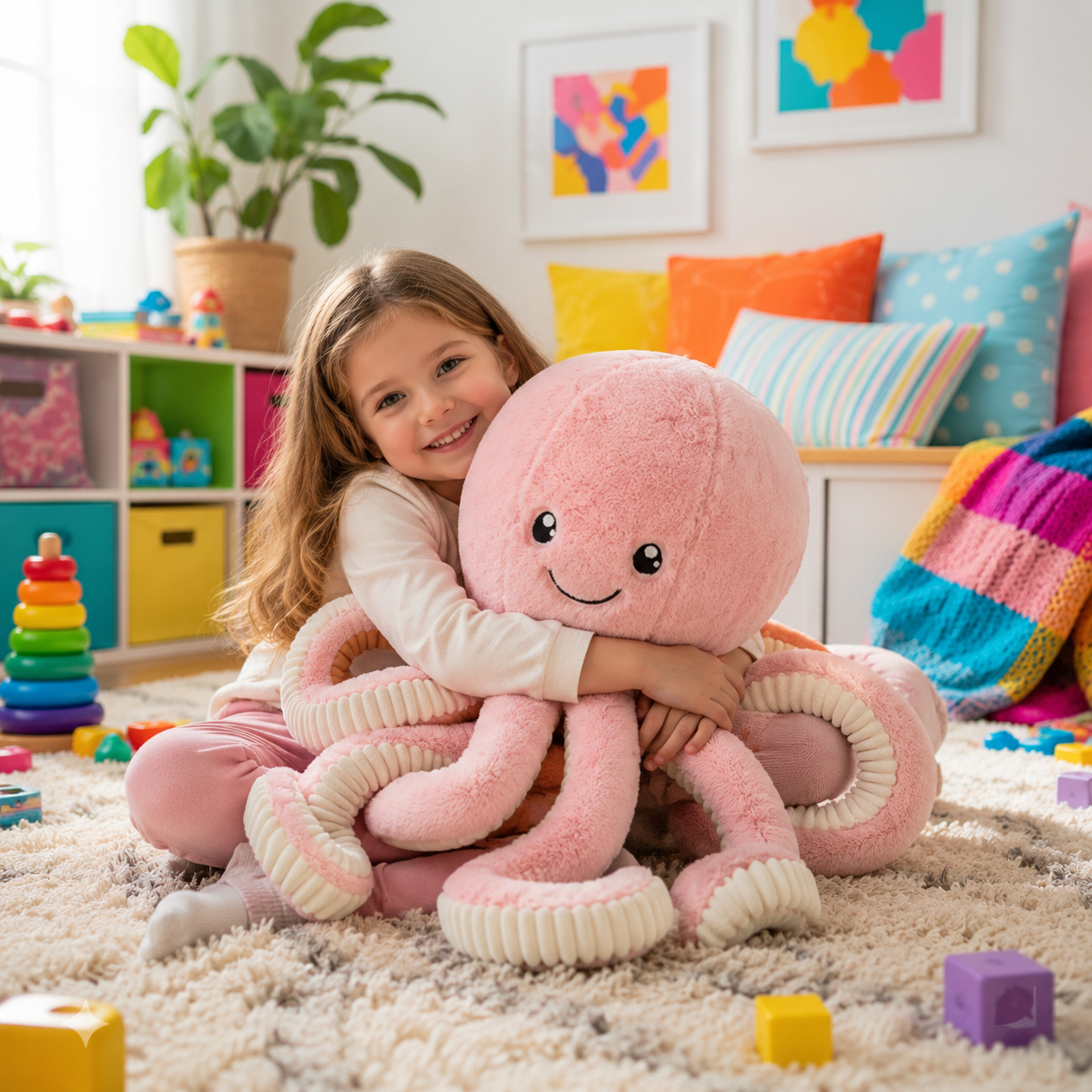A young girl with long light brown hair sits on a cream carpet in a colorful children's room, hugging a large pink octopus plush toy. The room has shelves with toys, a potted plant, colorful pillows, and framed art on the wall.