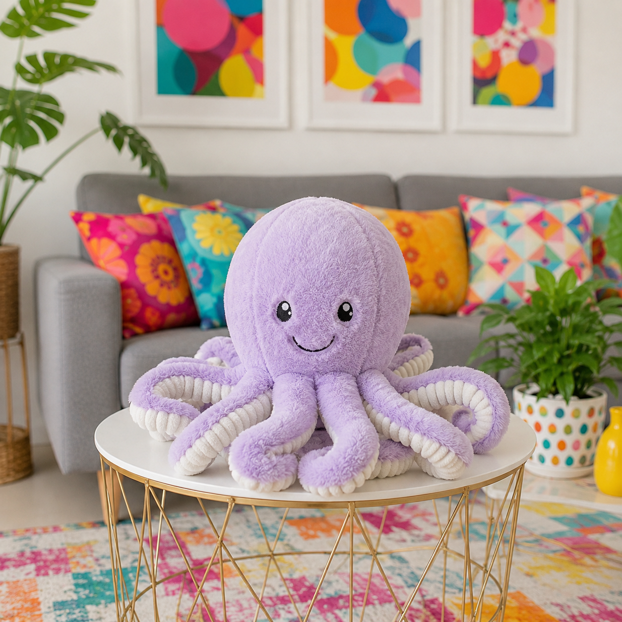 A lavender purple plush octopus toy with white rope-like tentacles and a smiling face, displayed on a round white table in a colorful living room setting.