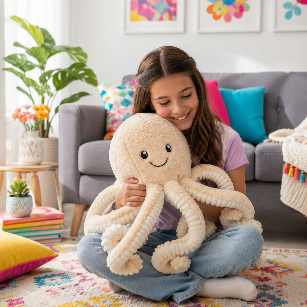 Girl in jeans and purple shirt sitting on the floor in a living room setting holding a white plush octopus stuffed animal.