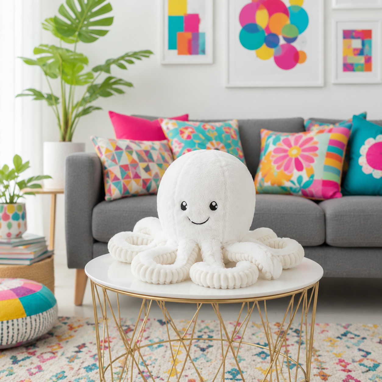 A white plush octopus toy with a smiling face sits on a round white coffee table in a bright, modern living room with a gray sofa, colorful pillows, and framed wall art.