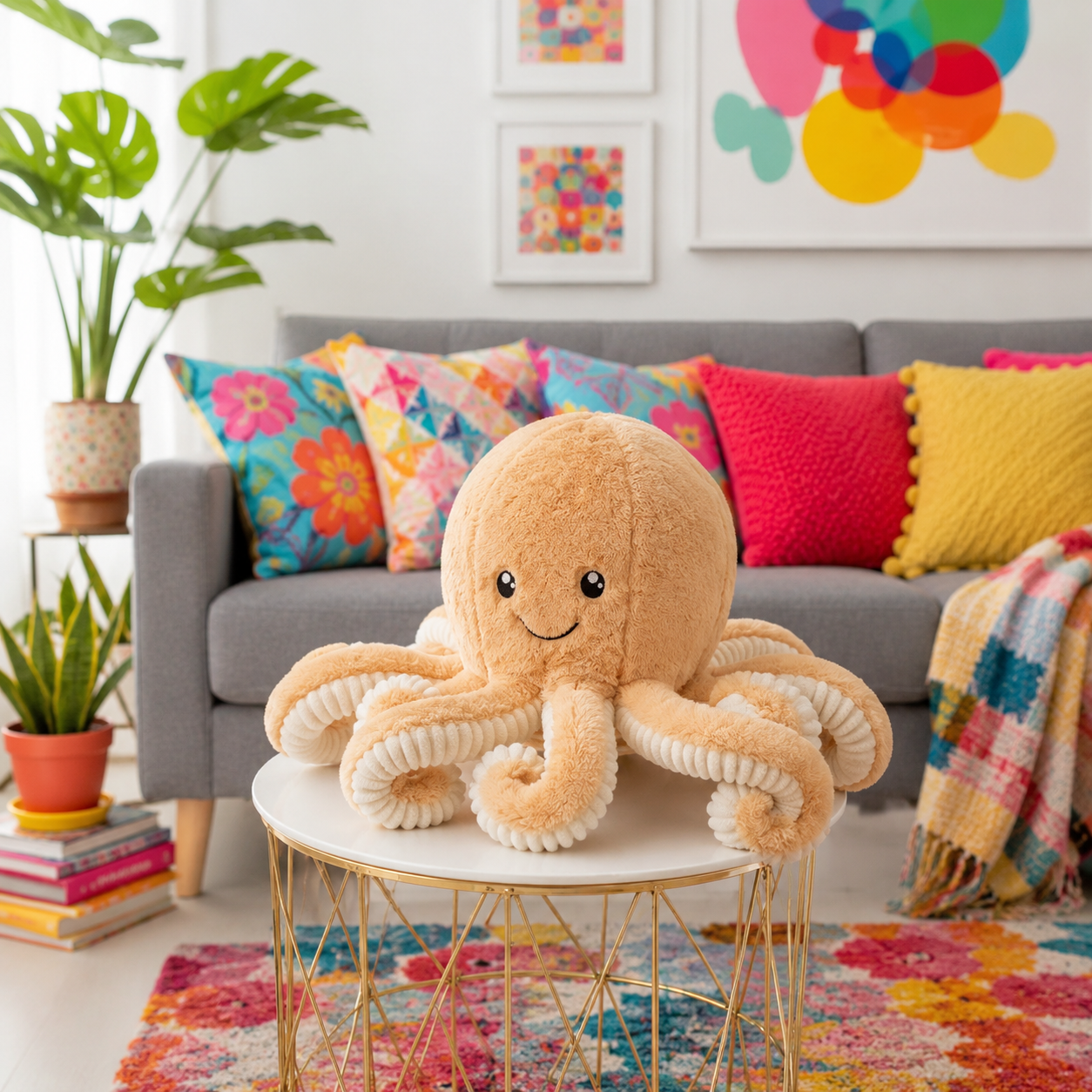 A plush octopus toy in warm beige with cream-colored tentacles sits on a white round table in a brightly decorated living room. A gray sofa with colorful pillows, potted plants, and a patterned rug are visible in the background.