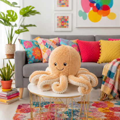 A plush octopus toy in warm beige with cream-colored tentacles sits on a white round table in a brightly decorated living room. A gray sofa with colorful pillows, potted plants, and a patterned rug are visible in the background.