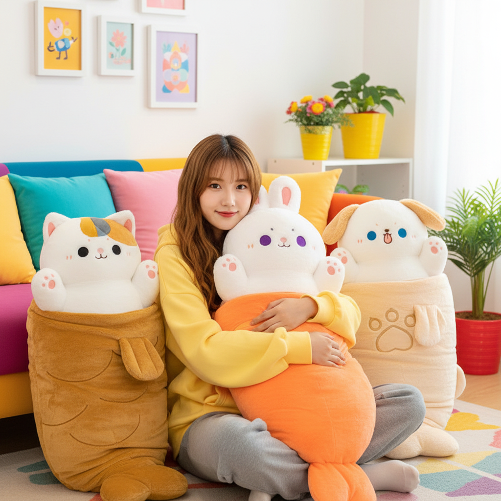 Woman sitting on a colorful couch holding a large plushie, surrounded by more plush toys and plants.