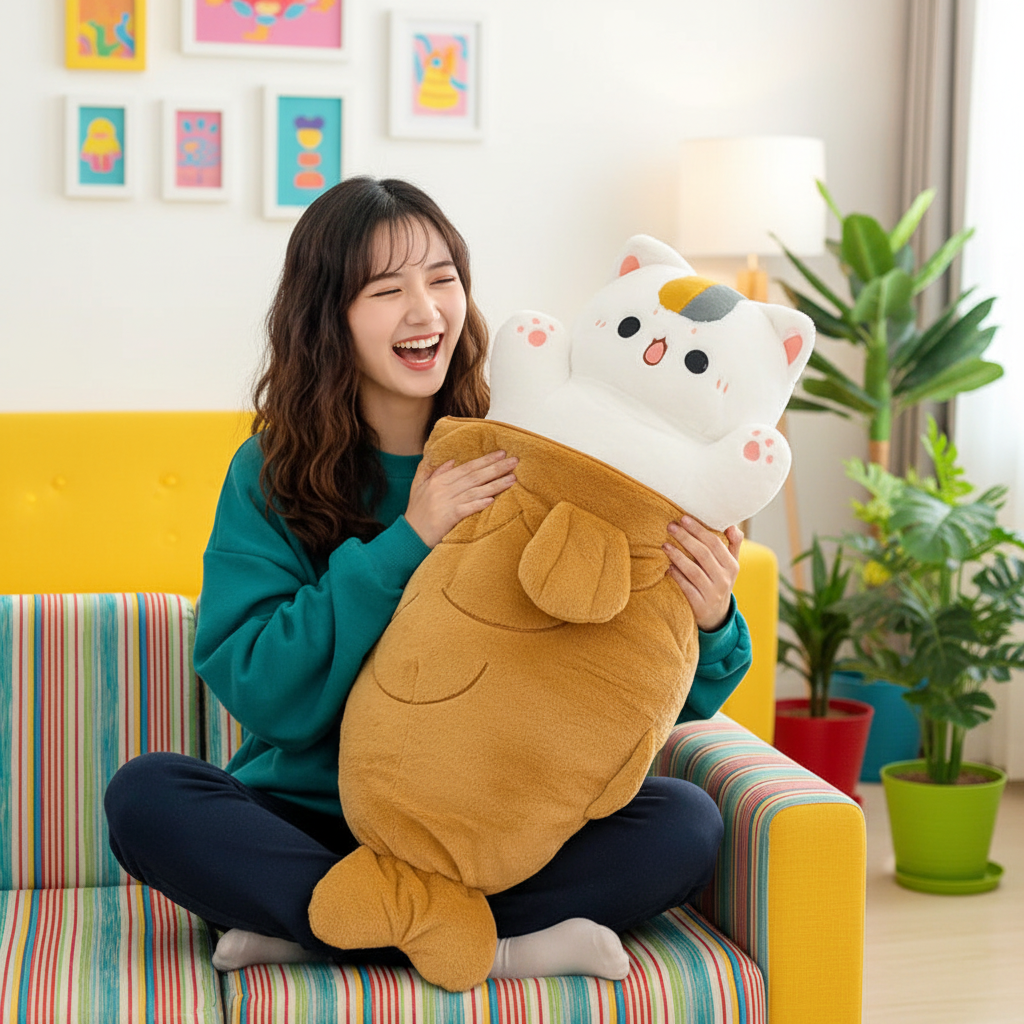 Woman holding a large cat plush toy in a living room