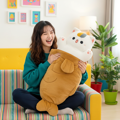 Woman holding a large cat plush toy in a living room