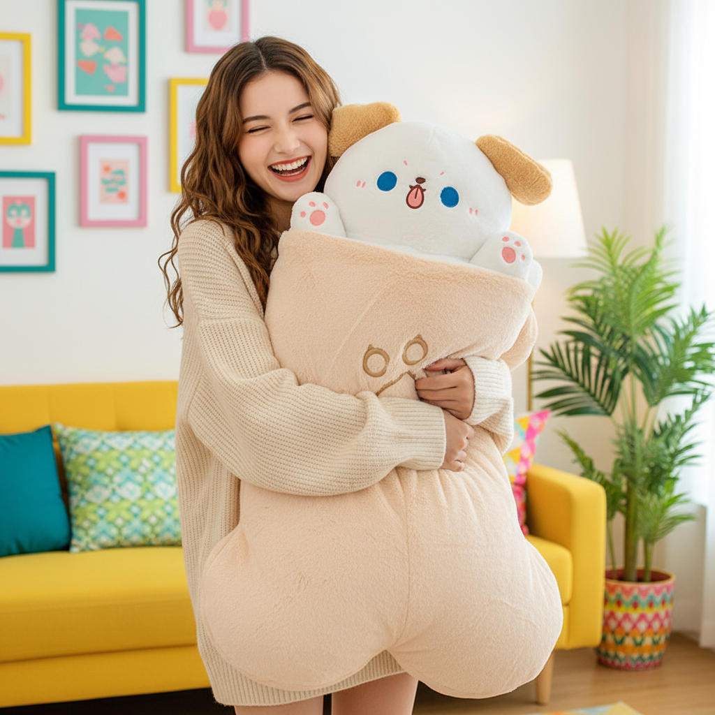 Woman holding a large dog plush toy in a bright living room