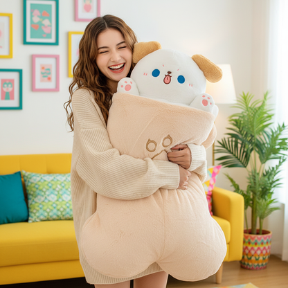 Woman holding a large dog plush toy in a bright living room