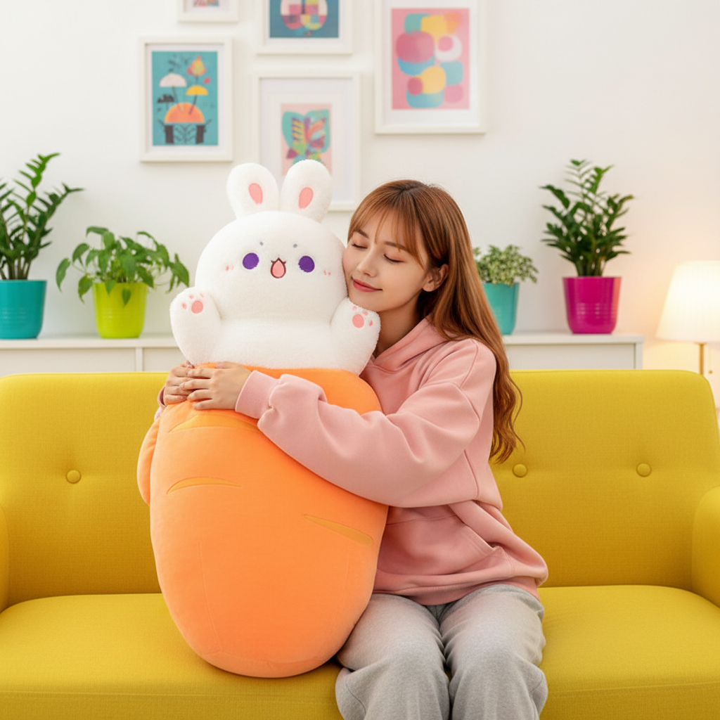Person sitting on a yellow couch holding a large, plush carrot-shaped plushie with a bunny design.