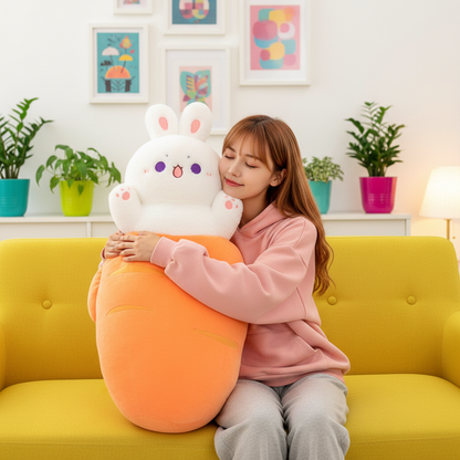 Person sitting on a yellow couch holding a large, plush carrot-shaped plushie with a bunny design.