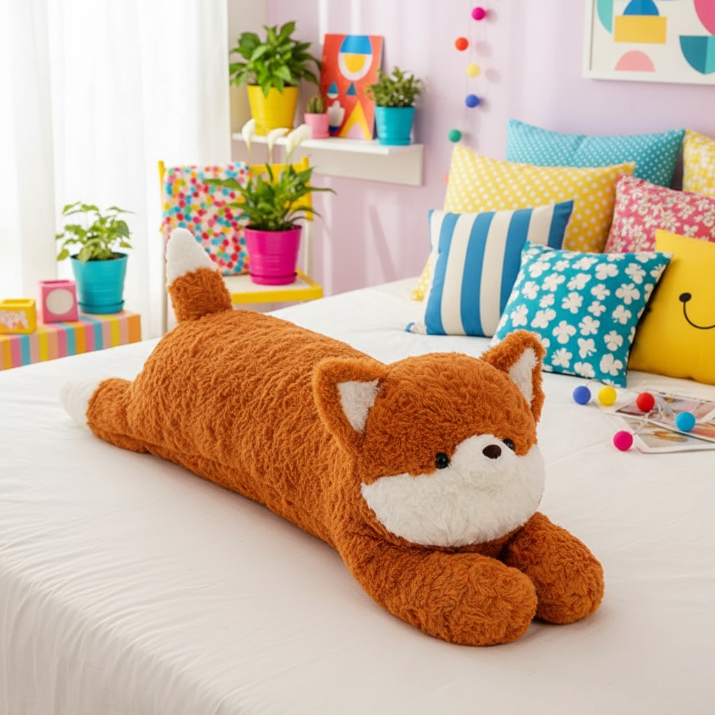 Fox plushie body pillow laying on a bed in a colorful bedroom setting
