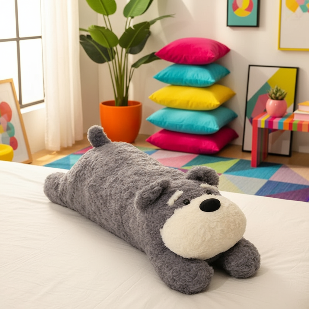Gray dog plushie body pillow on a bed with colorful pillows and decor in the background.