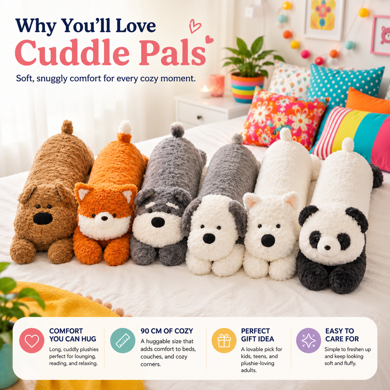 Six plush cuddle pet toys arranged on a bed in a bright bedroom setting, with large promotional text at the top and feature callouts along the bottom. The toys include a brown bear, orange fox, gray husky, white dog, white cat, and black-and-white panda.