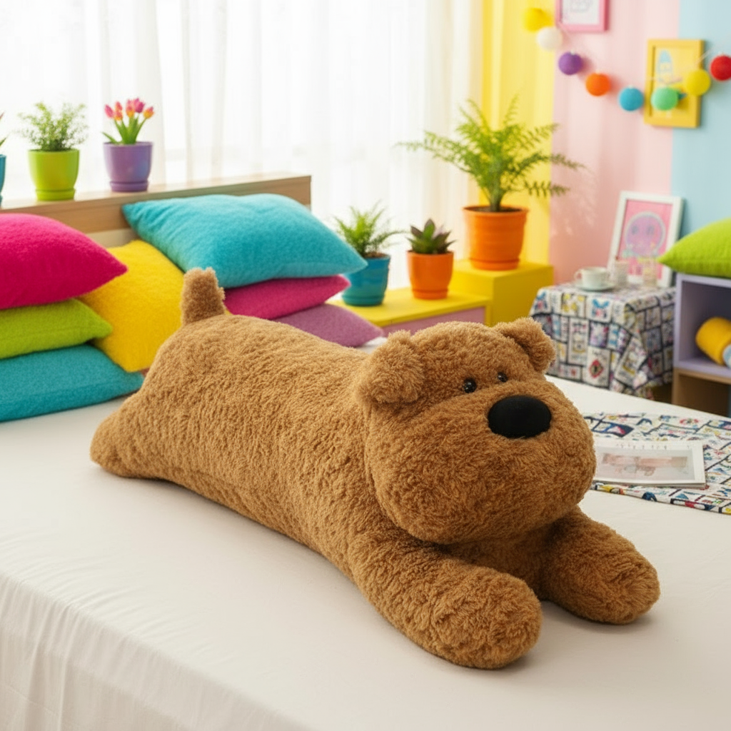 Brown dog plushie body pillow laying on a bed in a colorful bedroom setting