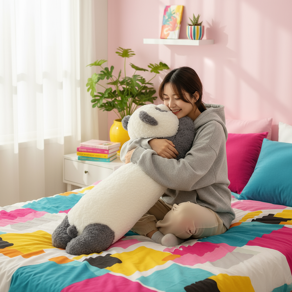 Woman in a colorful bedroom sitting on a bed hugging a plushie body pillow panda