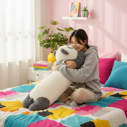 Woman in a colorful bedroom sitting on a bed hugging a plushie body pillow panda