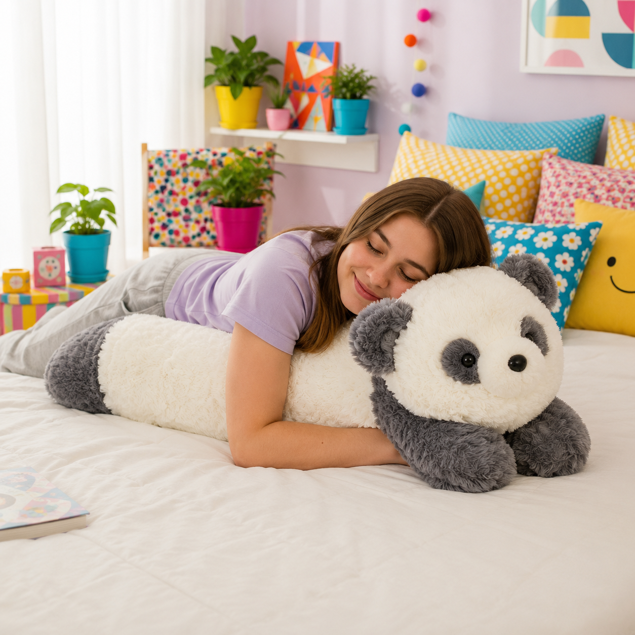 A woman hugging a panda plushie body pillow on a white bed with colorful  pillows and plants