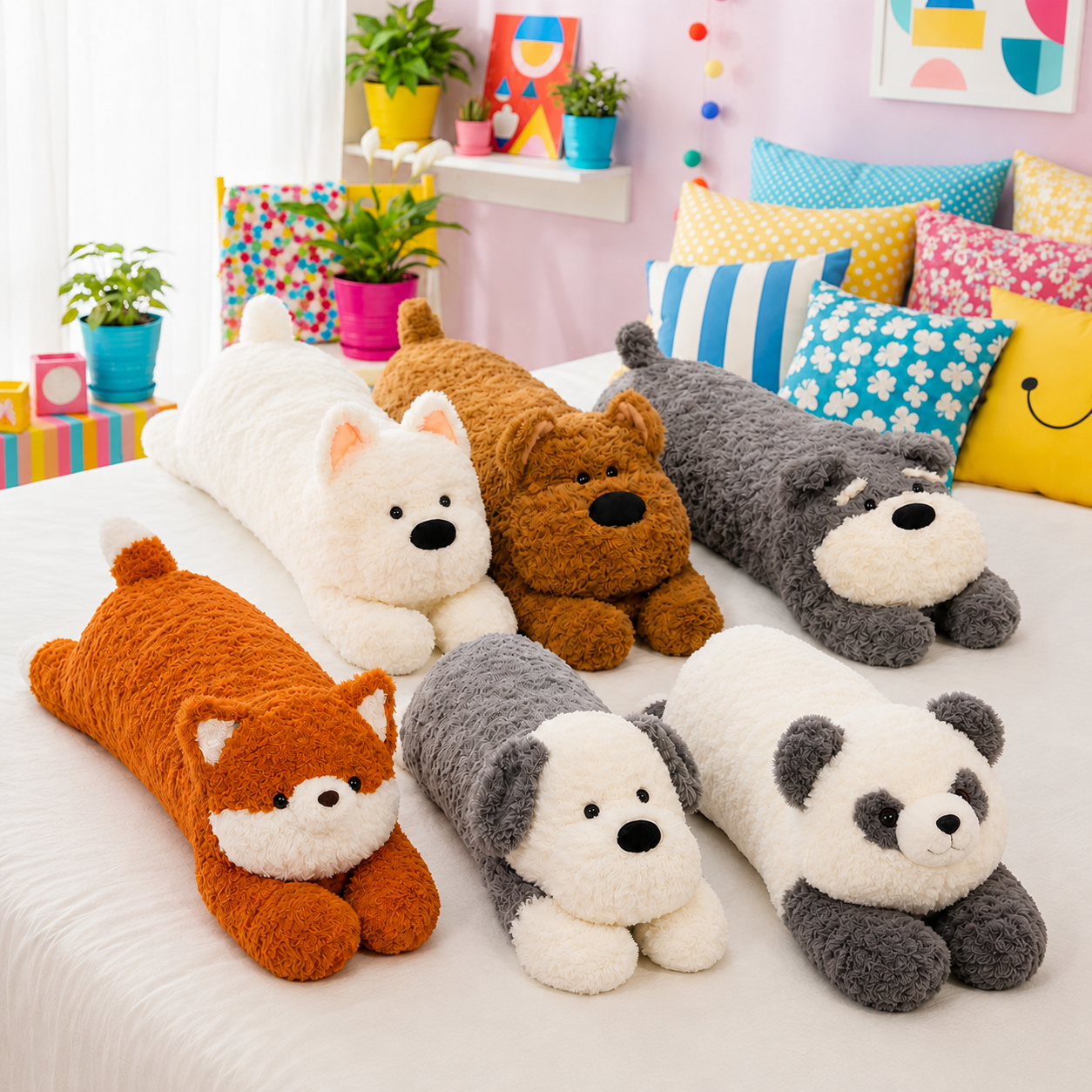 A group of plush animal-shaped pillows and small plush toys arranged on a bed in a colorful bedroom. The set includes a white dog, a brown bear, a gray dog, an orange fox, a gray-and-white puppy, and a panda, all with soft fuzzy textures and black nose details.