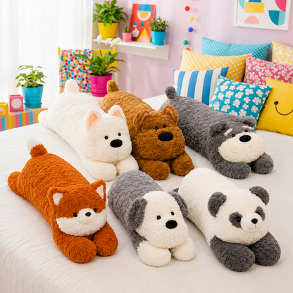 A group of plush animal-shaped pillows and small plush toys arranged on a bed in a colorful bedroom. The set includes a white dog, a brown bear, a gray dog, an orange fox, a gray-and-white puppy, and a panda, all with soft fuzzy textures and black nose details.